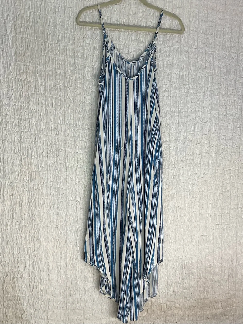 Portacruz Women’s Medium Blue White Striped Wide Leg Jumpsuit Boho Resort